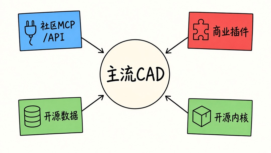 插图：第三方与开源如何补强主流 CAD 的 AI（AI 生成示意图）