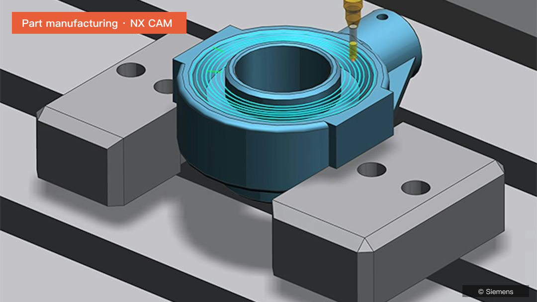 NX CAM page image: fixtured part with a spiral milling toolpath