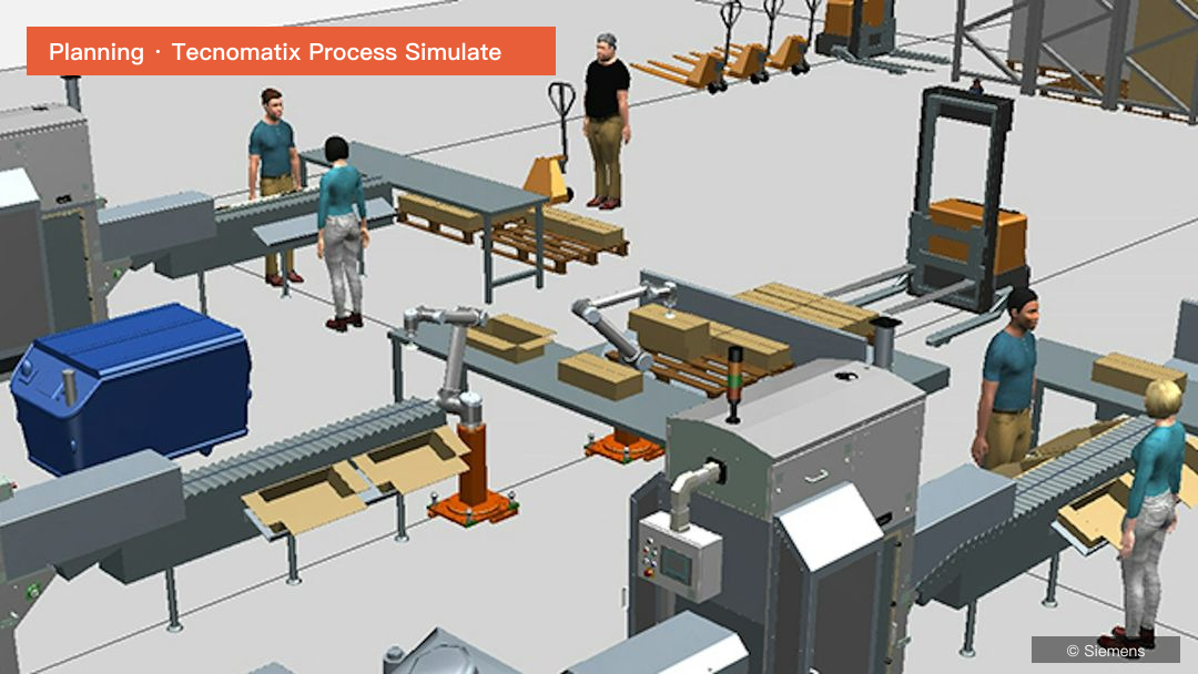 Process Simulate page image: process simulation with robots, conveyors, forklifts and people