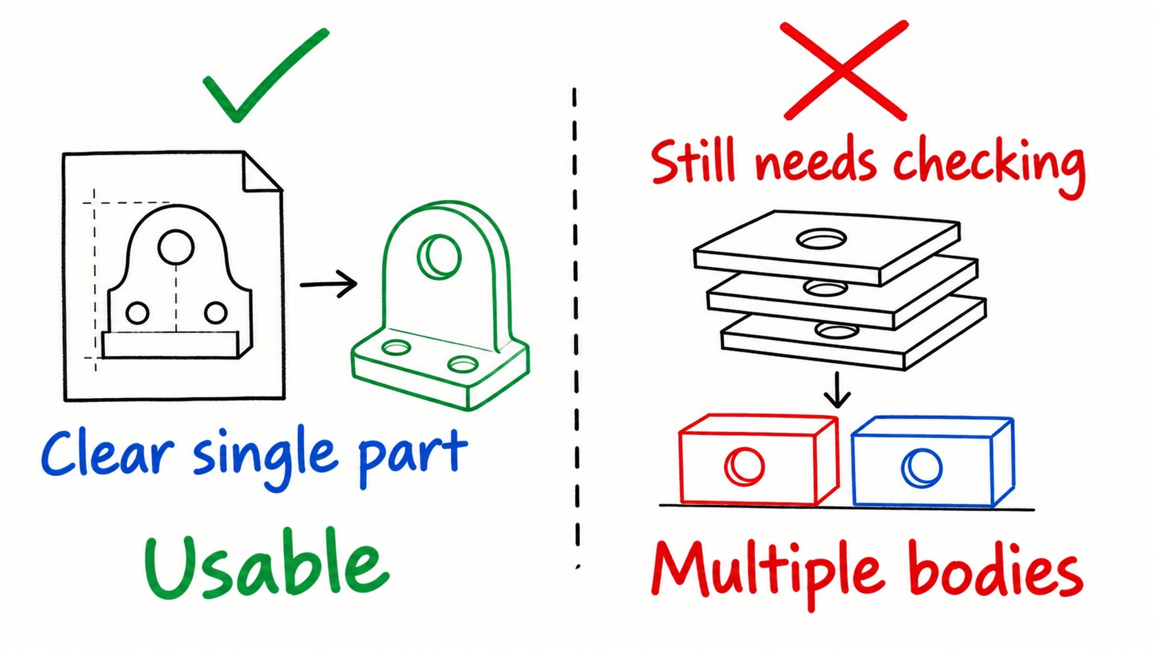 Clear single parts versus multibody and poorly documented cases