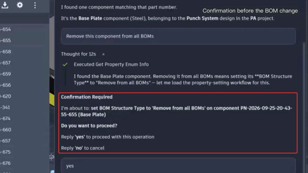 Autodesk Assistant showing Confirmation Required before changing the BOM