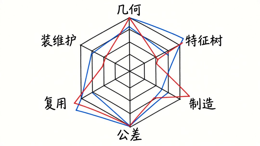 图 1：六维雷达示意，两方案轮廓对比（AI 生成示意图）