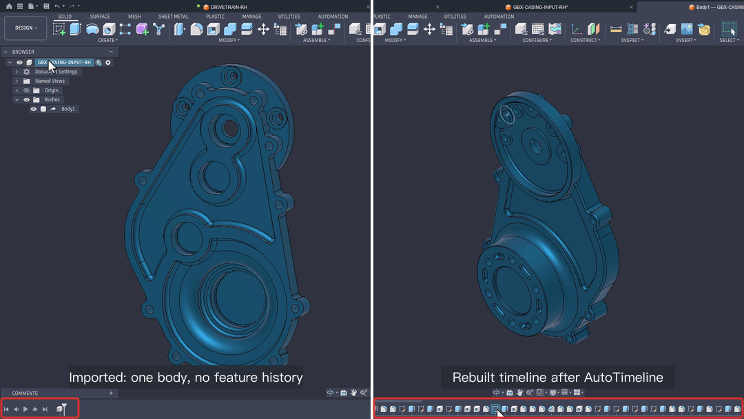AutoTimeline before and after: a single imported body on the left, the rebuilt feature timeline on the right