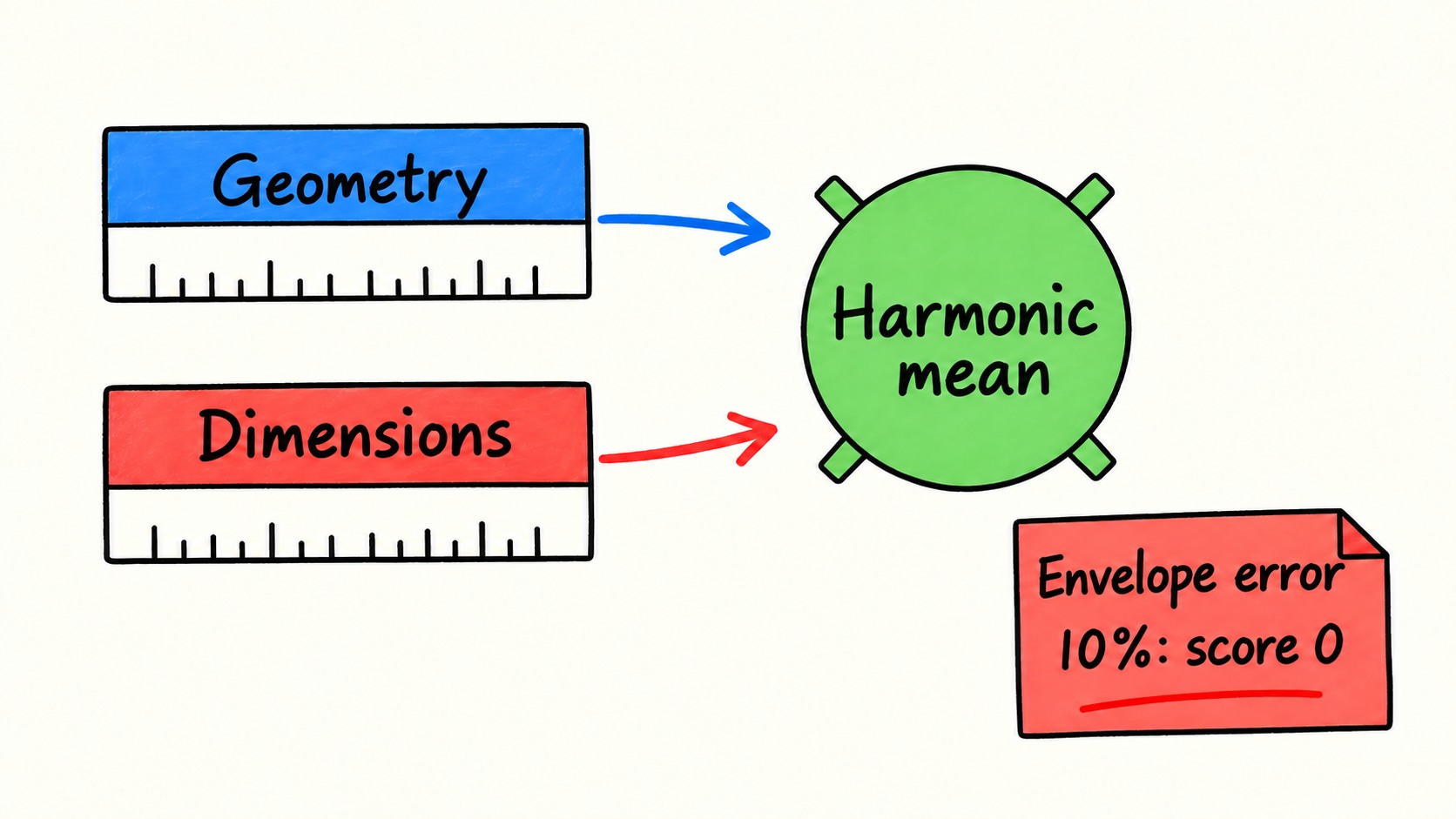 CADBench scoring combines geometric similarity with dimensional consistency