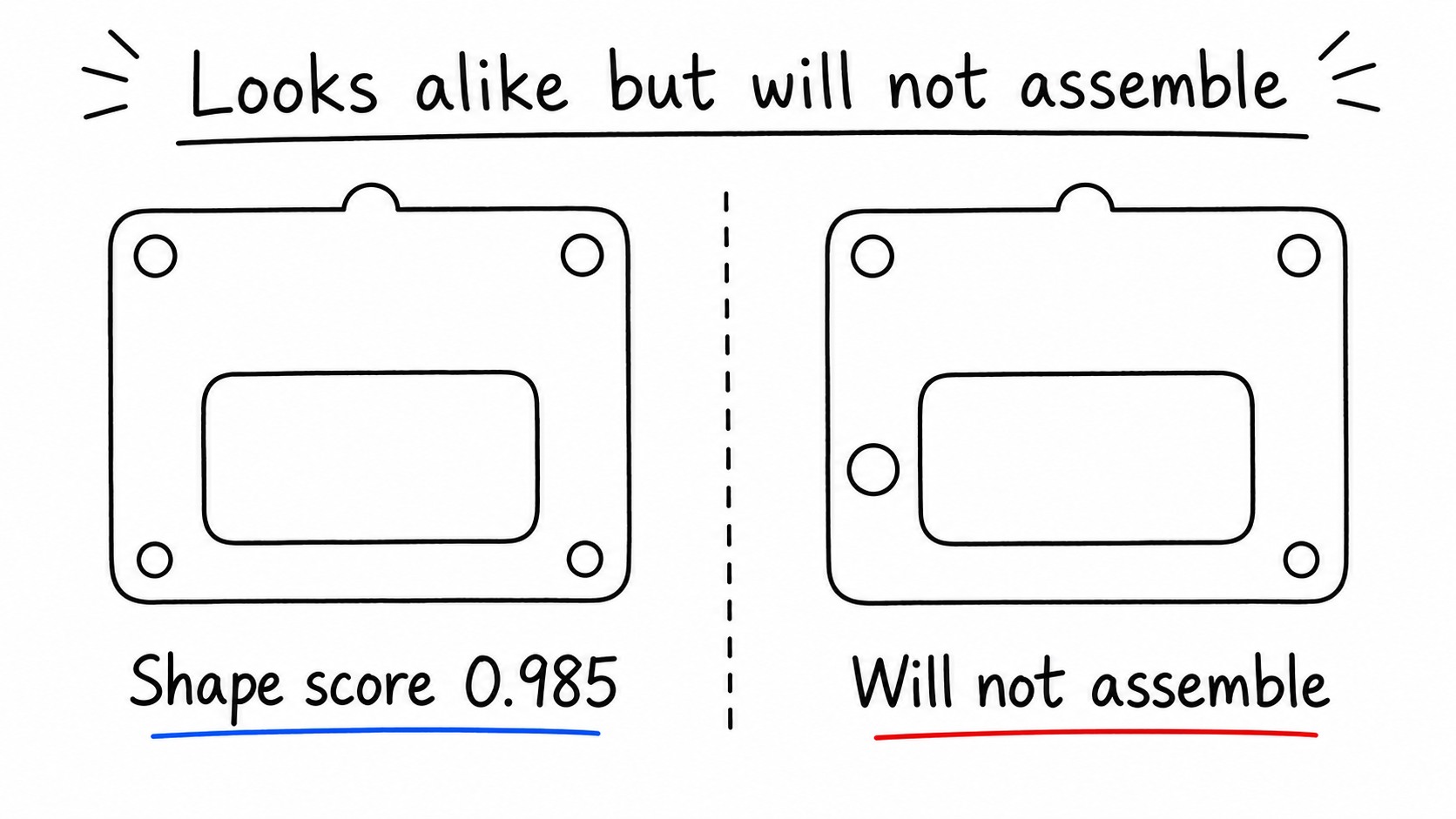 A shifted bolt hole can prevent assembly despite a high shape score